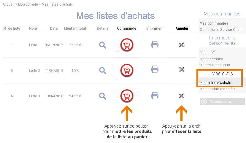 Gestion listes d'achats