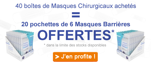 40 masques chirurgicaux achetés = 20 pochettes de 6 masques barrières offertes.